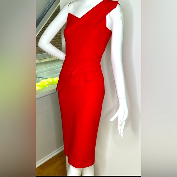 Roland Mouret Sz 2 Red Crepe Wool Pernice One Shoulder Back Zip Dress - Picture 2 of 11